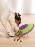 A wire haired Jack Russell dog is pushing the saucer shaped interactive purple and green treat maze with its nose to make six pieces of brown coloured kibble drop out. There is a grey Sacred Pet Boutique watermark at the bottom of the image.